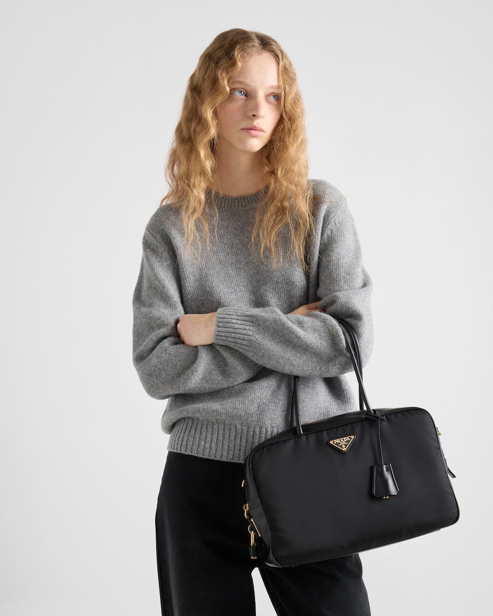 Large Re-Nylon and Leather Top-Handle Bag With Padlock - Image 6